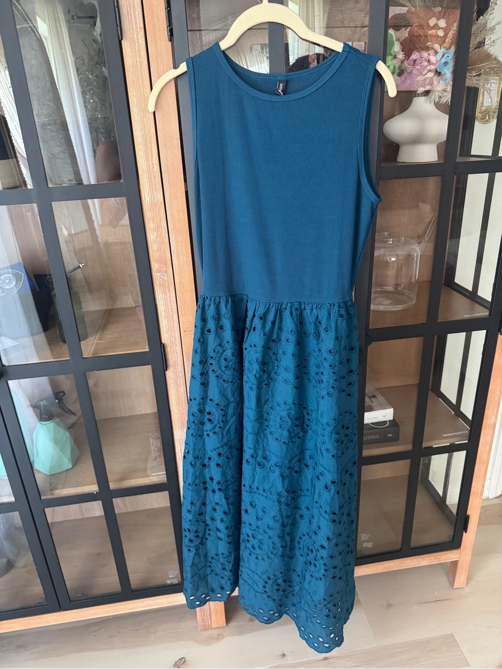 NWT Amazon eyelet maxi dress teal sleeveless drop waist midi pockets cotton